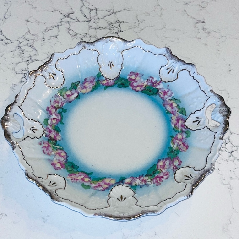 Limoges style porcelain plate with floral and gold accents notched to hang 9.5”